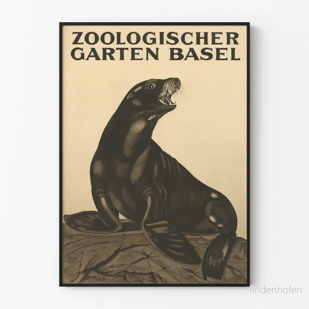 Vintageposter från zoologiska trädgården i Basel - sjölejon