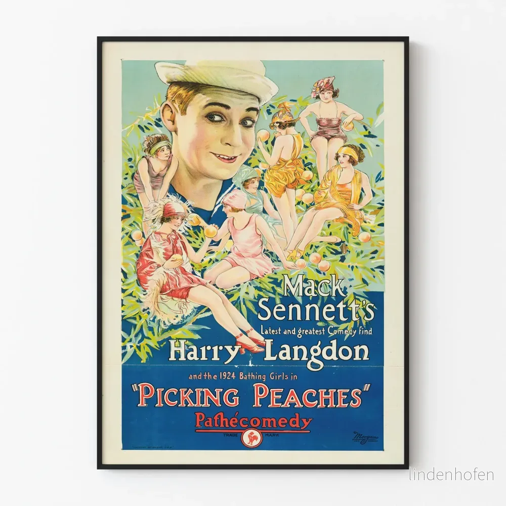 Vintageposter med Picking Peaches med Harry Langdon och badande kvinnor från 1920-talet