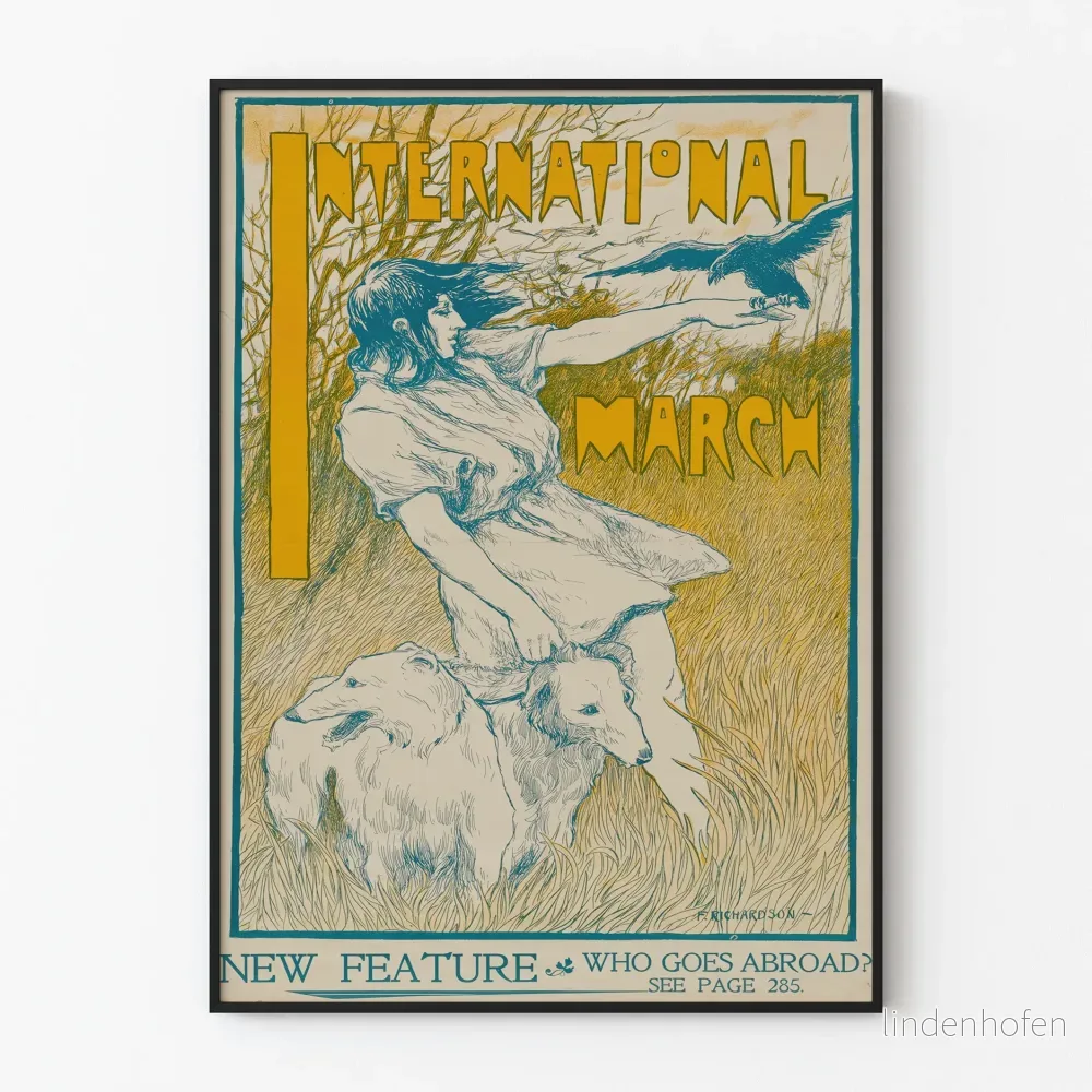 Vintage dekorativ poster International March med kvinna, hundar och fågel