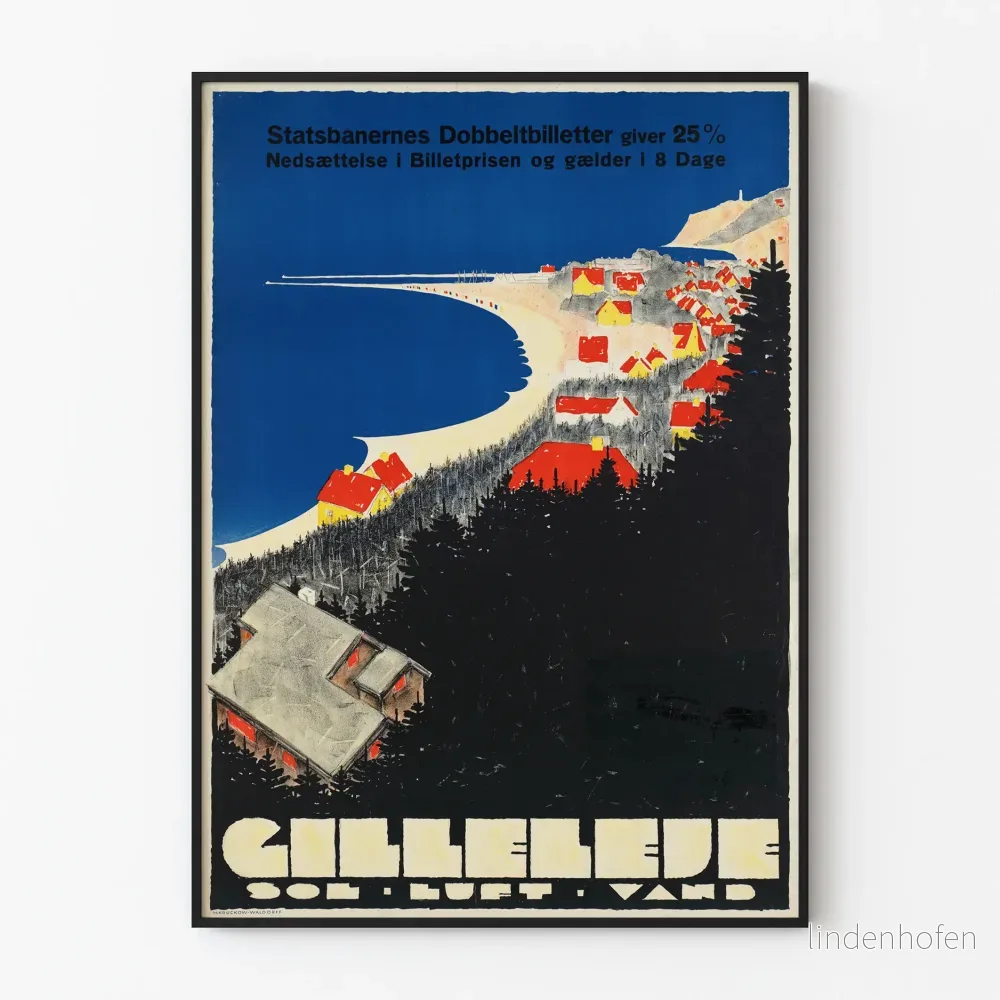 Vintage dekorativ poster av Gilleleje, kustutsikt i klara färger