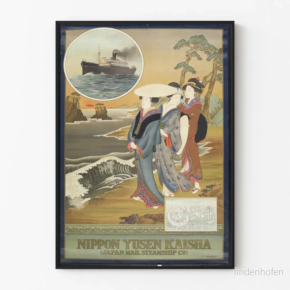 Vintageposter Nippon Yusen Kaisha - ångfartyg och eleganta japaner