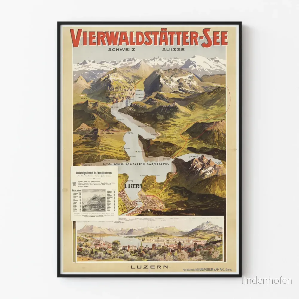 Vintageposter av Sjön av de fyra kantonerna och Luzern, Schweiz
