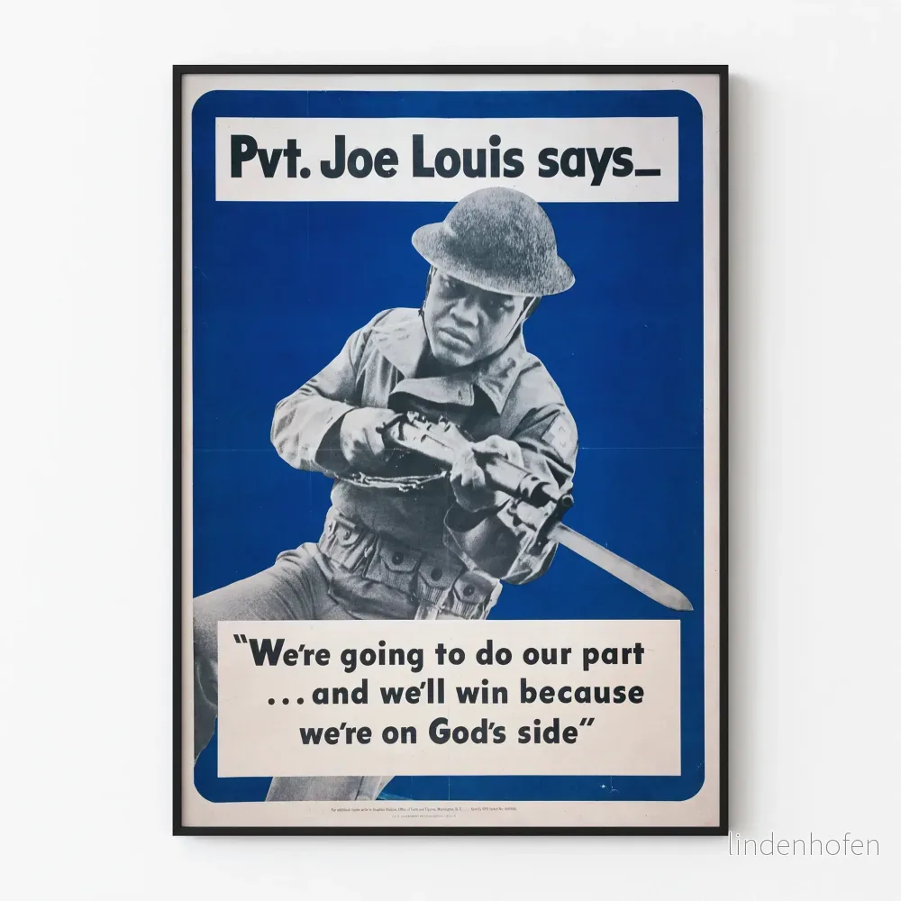 Vintagekrigsaffisch med Pvt. Joe Louis – Engagemangsdeklaration och seger