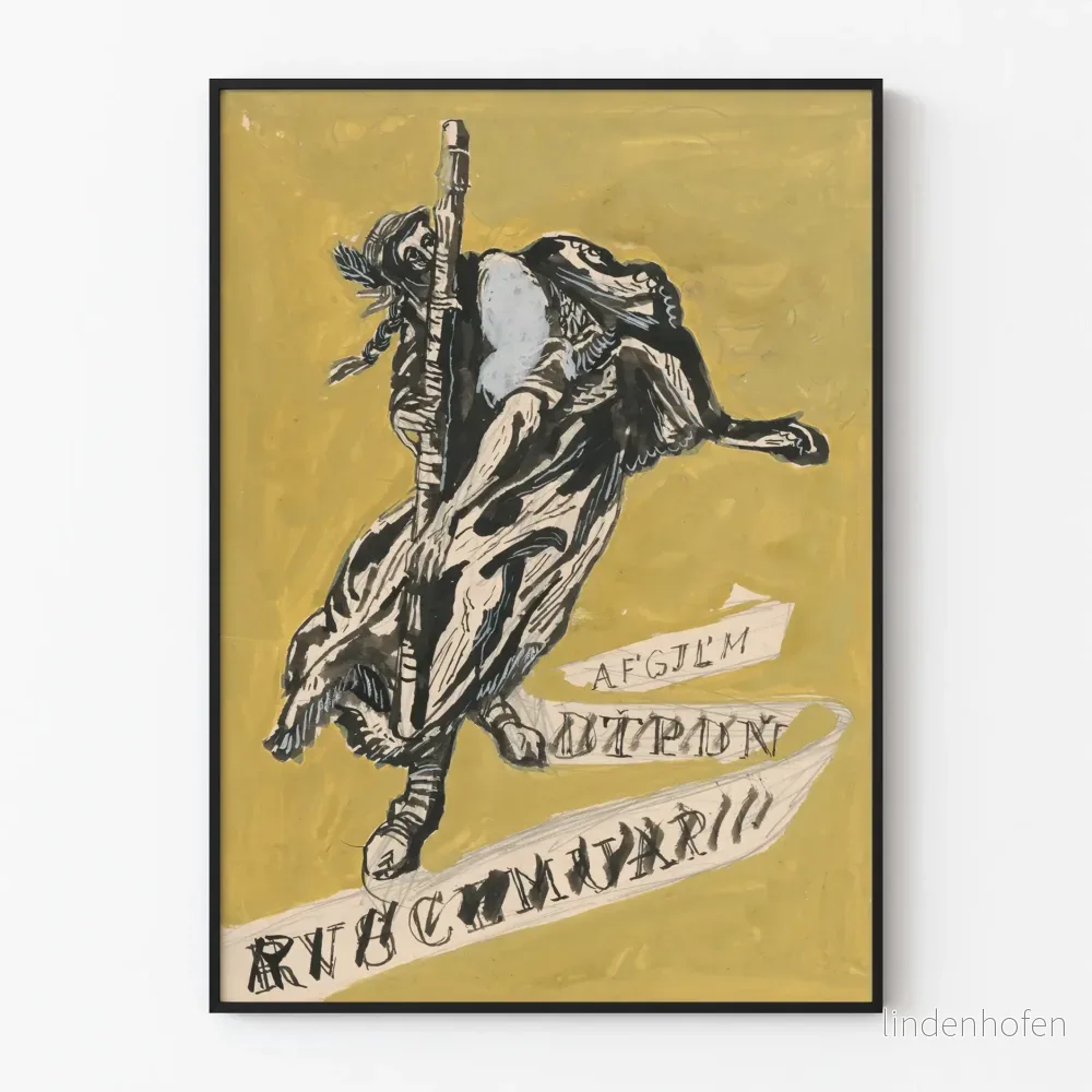 Illustrerad bläckposter på gul bakgrund för väggdekoration