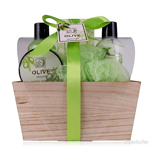Accentra duschset dampresentset OLIVE i en vacker trälåda 5 delat vårdset med duschgel, bodylotion, badsalt, kroppspeeling och nätsvamp wellness presentset för födelsedag 4015953692413