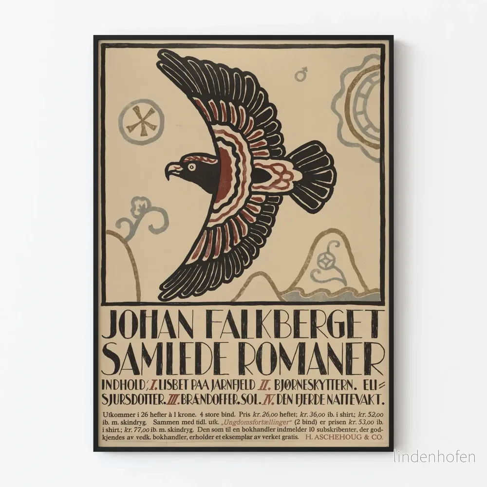 Vintage dekorativ poster « Johan Falkberget Samlede Romaner » med stiliserad örn