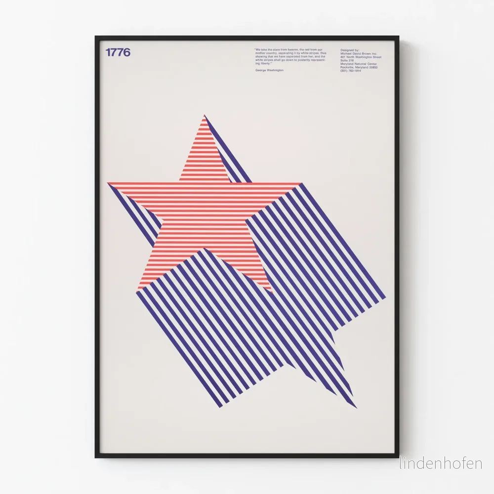 Dekorativ poster med röda och blå stjärnor i geometriska linjer