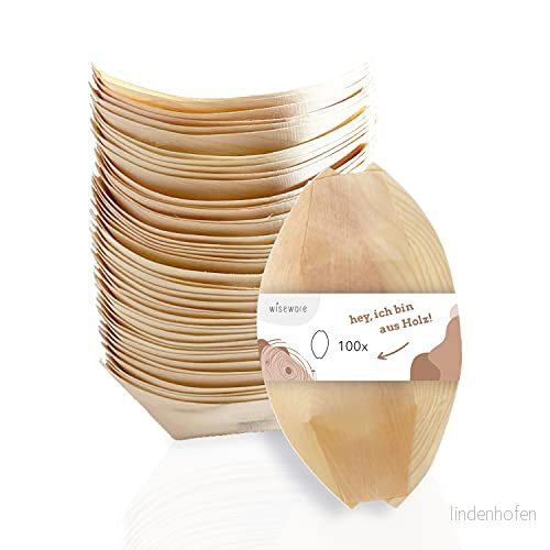 Wiseware Engångs trä snacksskål brun 100 stycken fingermat skålar fartyg to go snacksbricka biologiskt nedbrytbara dippskålar ekologiska engångsporslin 11 cm längd 4260623984620