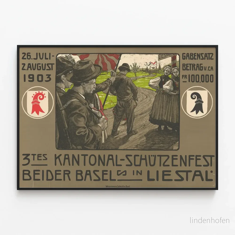 Vintageposter för 3:e kantonala skyttetävlingen i de två Basel i Liestal 1903