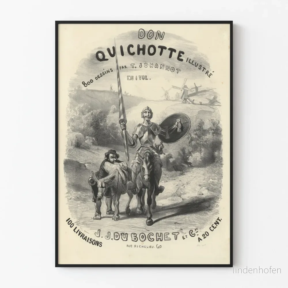 Illustrerad poster av Don Quijote av T. Johannot, vintage svartvitt teckning