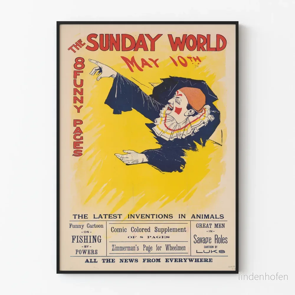 Vintageposter The Sunday World från den 10 maj med färgglad clown