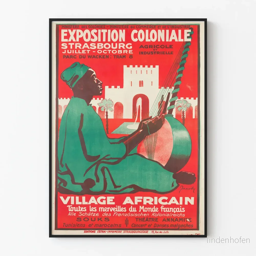 Vintageposter från Strasbourg koloniala utställning Afrikanska byn