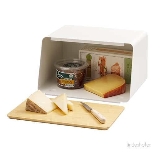 YAMAZAKI 5290 TOWER brödlåda med lock, skärbräda, vit, stål/bambu, minimalistisk design, 31,5 x 24,5 18,5 cm (L B H) 4903208052900