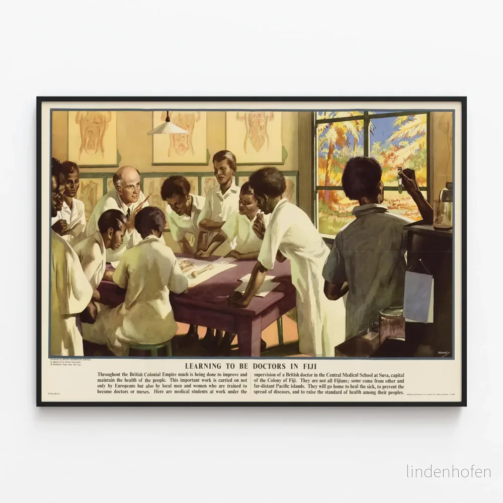 Vintage utbildningsposter om medicinlärande på Fidji