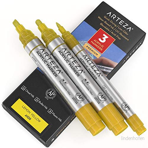 Arteza akrylfärgpennor, 3 pack, A100 citrongul, 1 tunn & 2 tjocka (mejsel + kulspets) för metall, duk, sten, keramiska ytor, glas, trä tyg 840098713983