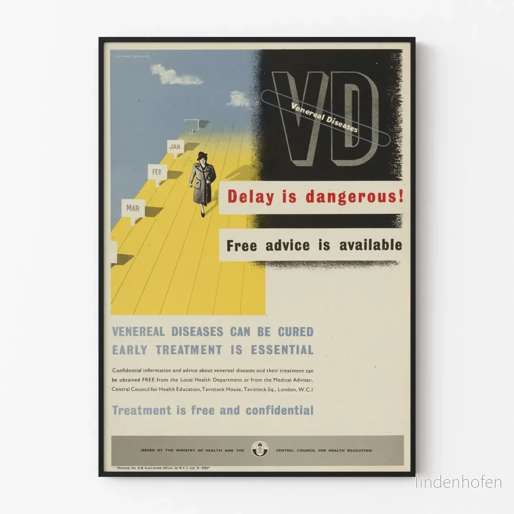 Vintageposter för könssjukdomsförebyggande - Fördröjning är farlig