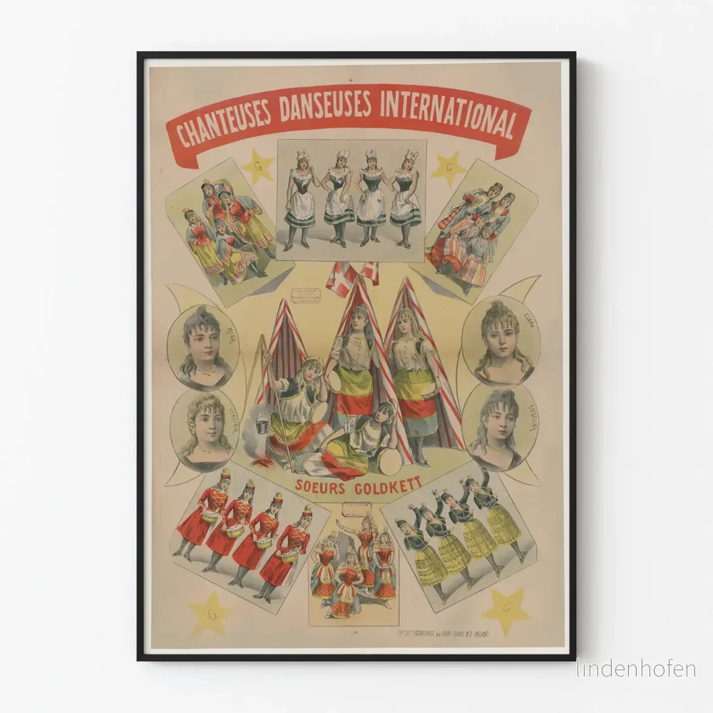 Vintageposter med internationella sångerskor och dansare Systern Goldkett
