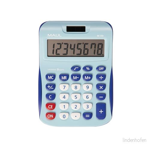 Maul Miniräknare Mj550, Stor, Vinklad Skärm, 8 Siffror, 15,5 x 11 cm, Allroundfunktioner För Kontor, Hem, Skola, Solcell/Batteri, Blå 4002390085229