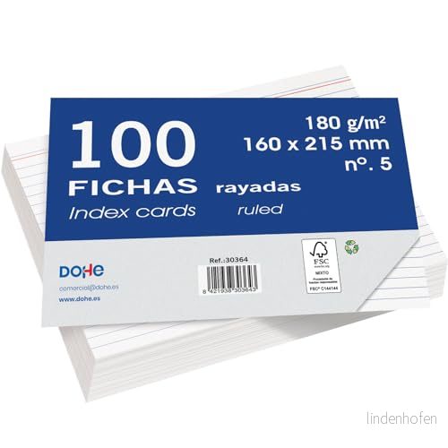 Dohe Linjerade kartongflikar (100 st.) Brevkort, A5 storlek (21,5 x 16 cm), 180 gr/m², nr 5, kontorsmaterial vit 8421938303544