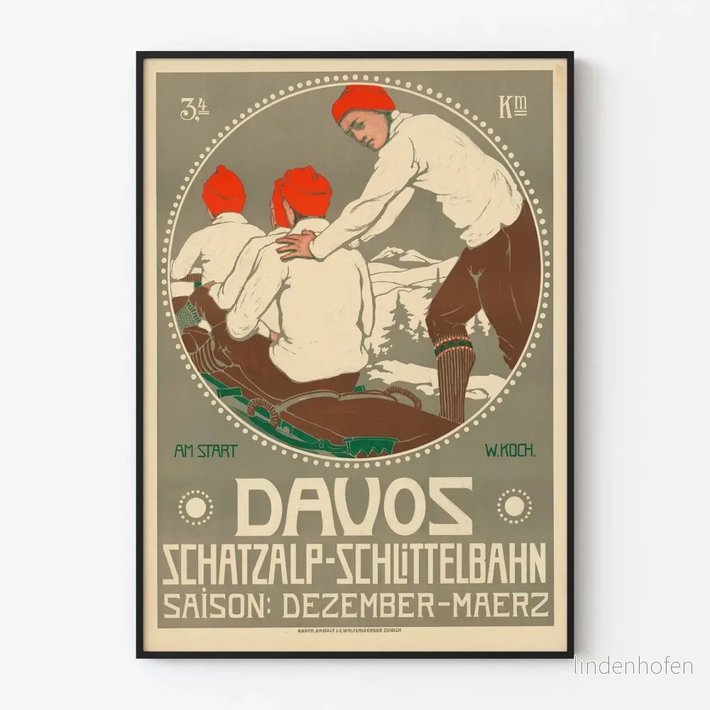 Vintageposter Davos Schatzalp slädtbana vinter