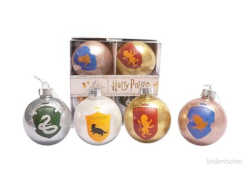 Ciao Uppsättning av 4 Harry Potter Hogwarts Houses glitter decoupage julgransbollar (Ø8 cm) officiellt licensierad trollkarlsvärld med tygband i presentask 8033313942400