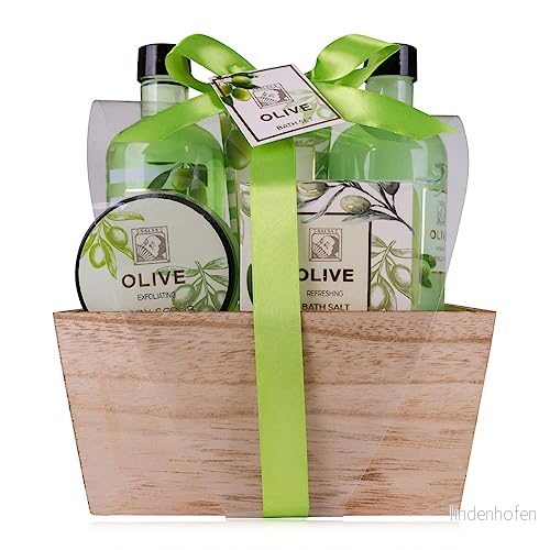 Accentra duschset dampresentset OLIVE i en vacker träkartong 5 delat vårdset med duschgel, bubbelbad, bodylotion, kroppspeeling och badsalt wellness presentset för födelsedag 4015953692390
