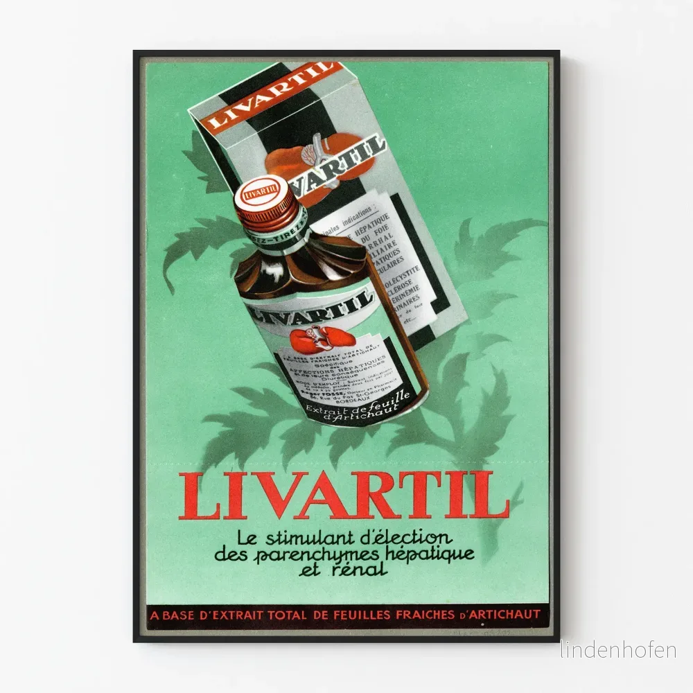 Vintageposter Livartil – Utdrag ur kronärtskocka för levern