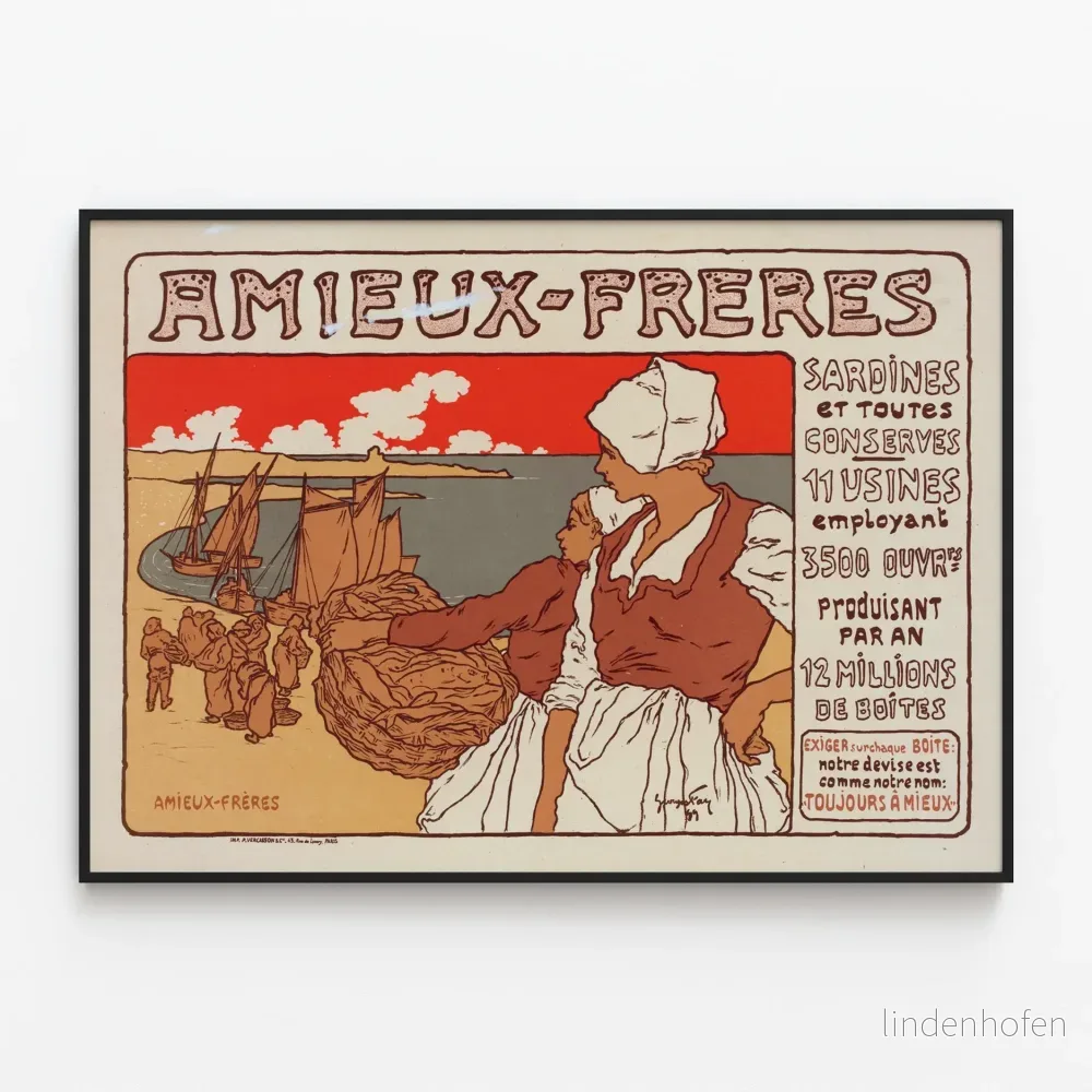 Vintageposter Amieux-Frères sardiner och konservburkar