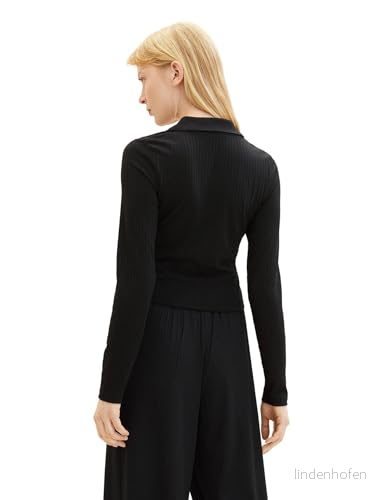 TOM TAILOR Denim dam pikétröja långärmad tröja med ribbstruktur, 14482 djup svart, M 4067261236155