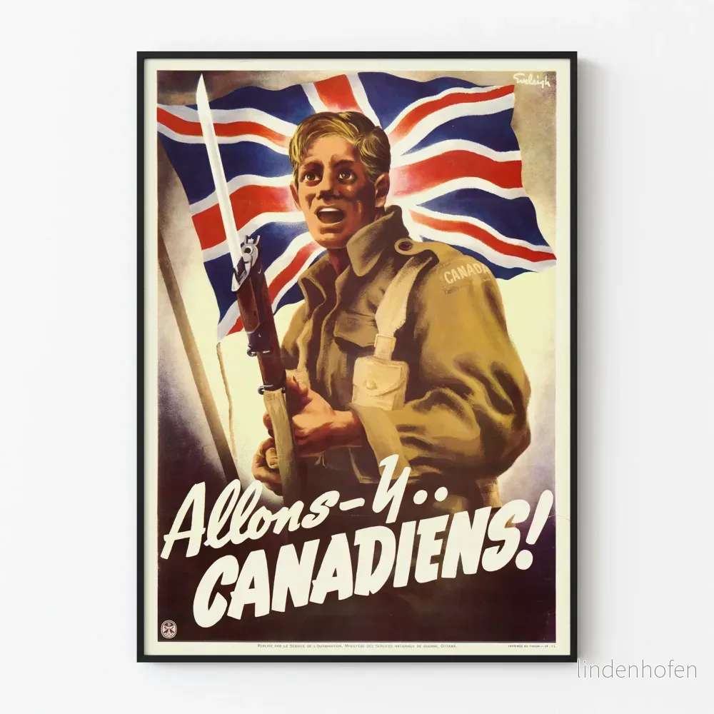 Vintageposter Allons-y Canadiens för patriotisk väggdekoration