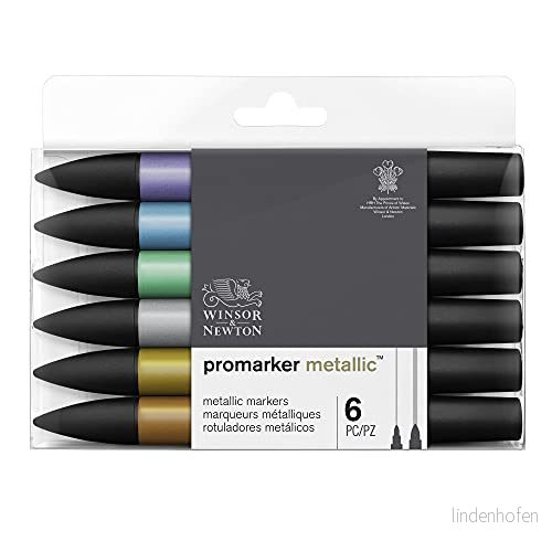 Winsor & Newton 0290135 ProMarker metallic, professionell layoutmarkör 2 spetsar, fin och bred för teckningar, design layouter 6 metalliska färger i en uppsättning 884955070604