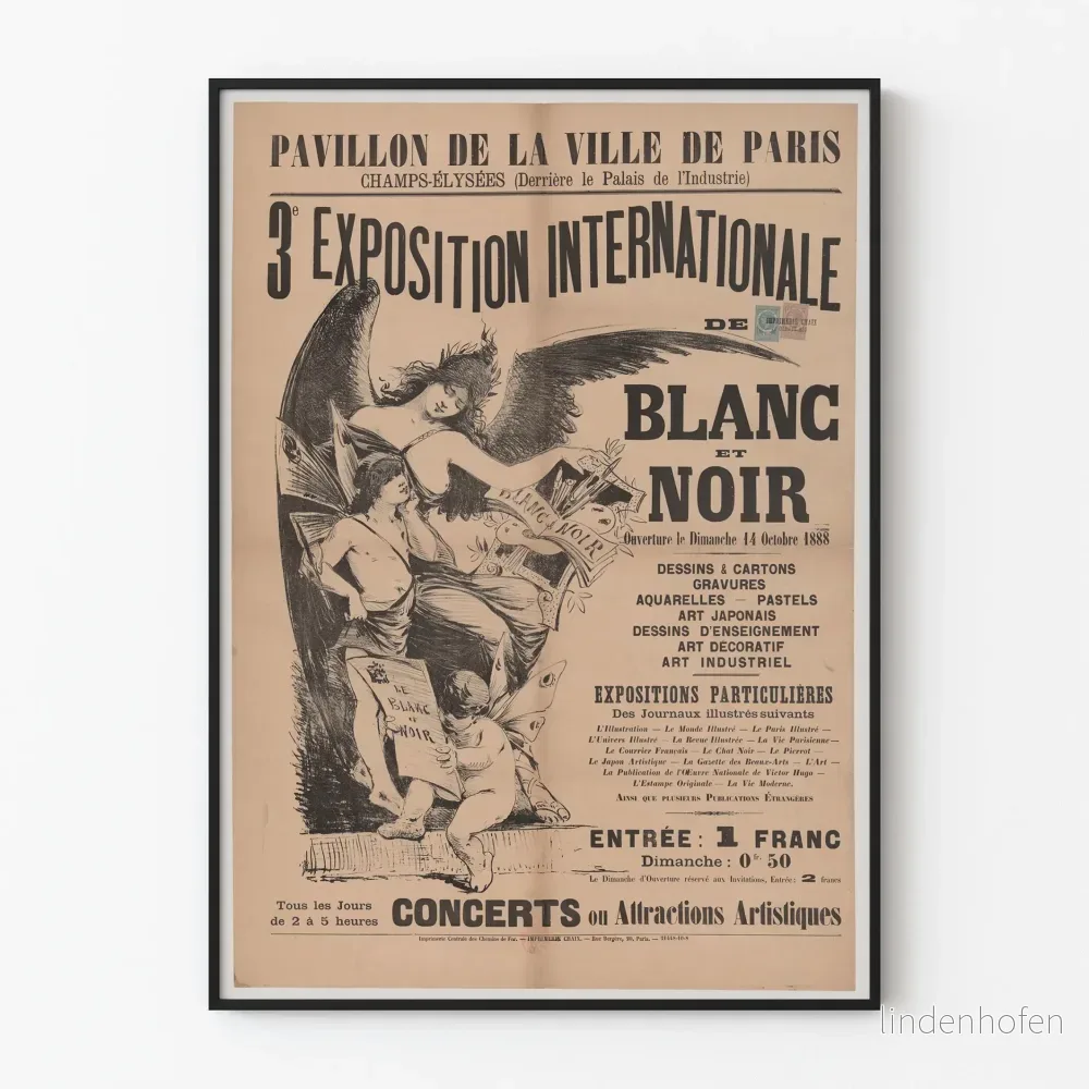 Vintageposter för internationell utställning av vitt och svart i Paris 1888