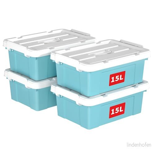 Cetomo 15 L x 4 förvaringslådor, plastförvaringslåda med lock, organiseringsbehållare handtag och säkra spärrspännen, stapelbar, kapabel, tygkorg för hemmakontorskläder, pack, blå 6925801117501