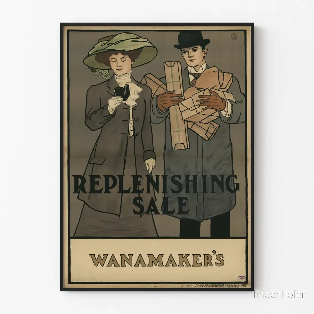 Vintageposter Wanamaker's påfyllningsrea