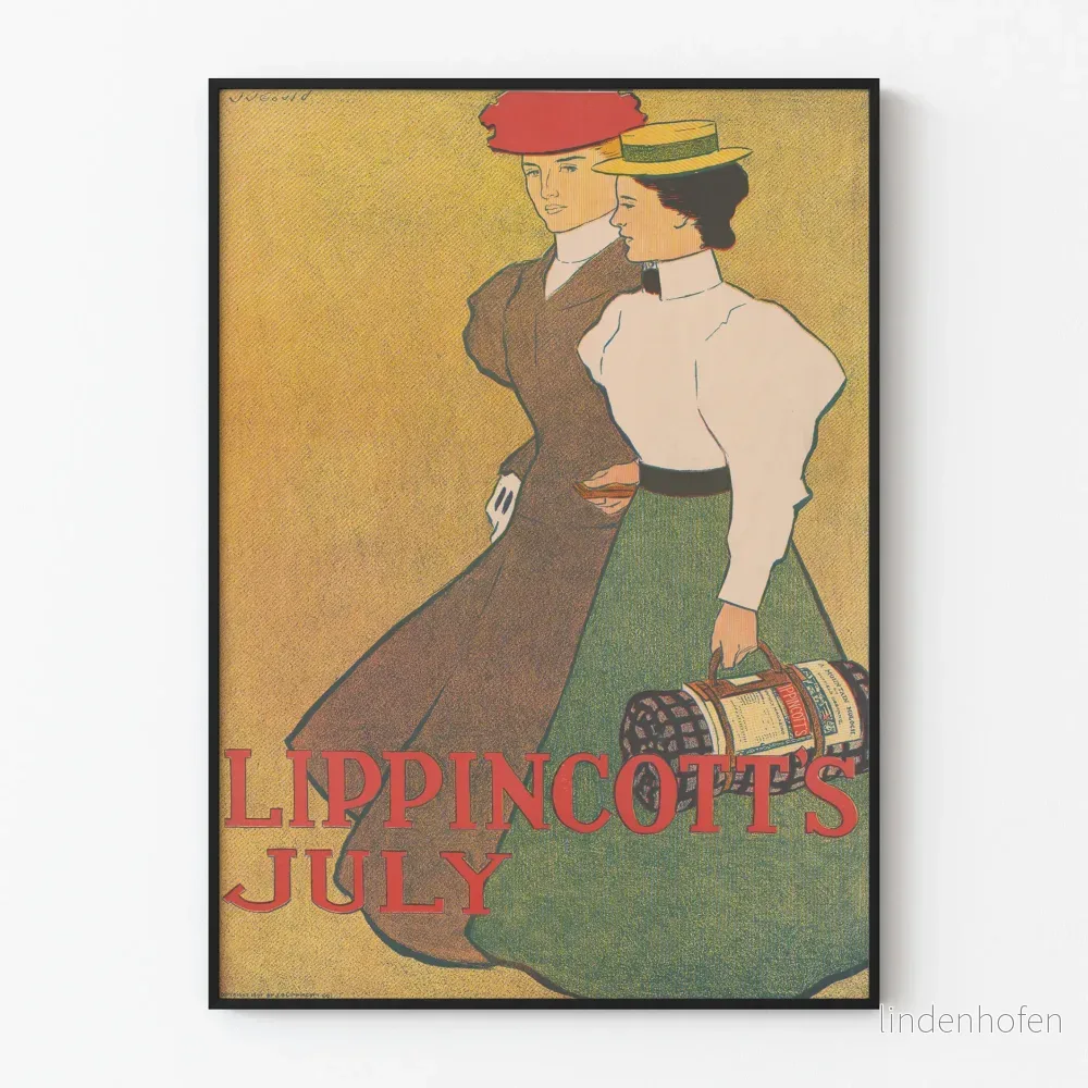Vintageposter Lippincott's juli med två eleganta kvinnor