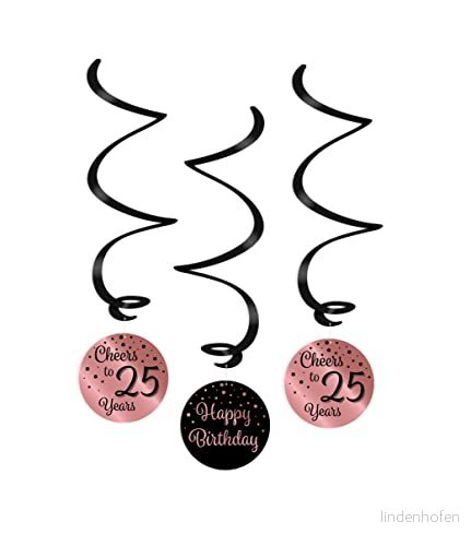 PD Party Grattis på födelsedagen Takspiraler för Födelsedagsdekoration Rosa & svart 25 Födelsedag Kvinna Man 3 stycken ⌀ 14 cm Längd 70 8716764181955