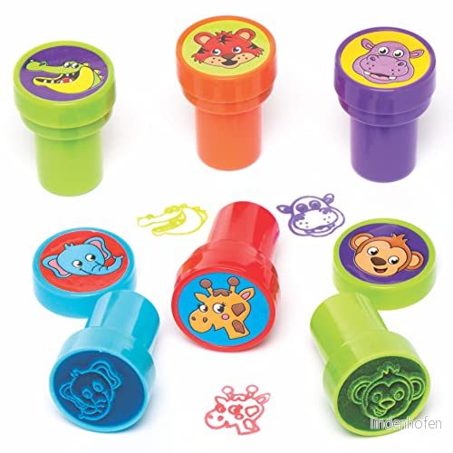 Baker Ross AV308 Jungle Animal Self Inking Stampers, perfekt för barn att dekorera kort, bokstäver, hem , skol och hantverksgrupper (paket med 10), diverse, 20 mm 5051174075405