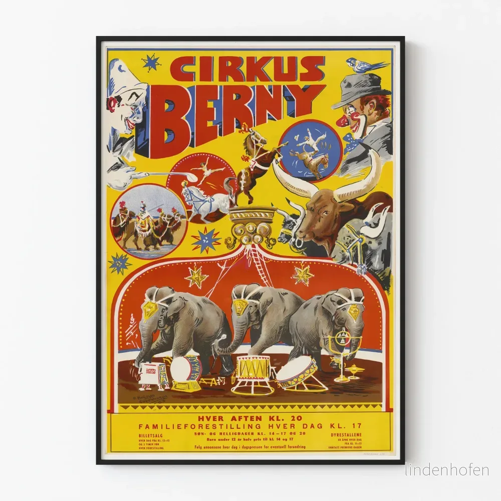 Vintageaffisch för väggdekoration Cirkus Berny 1963