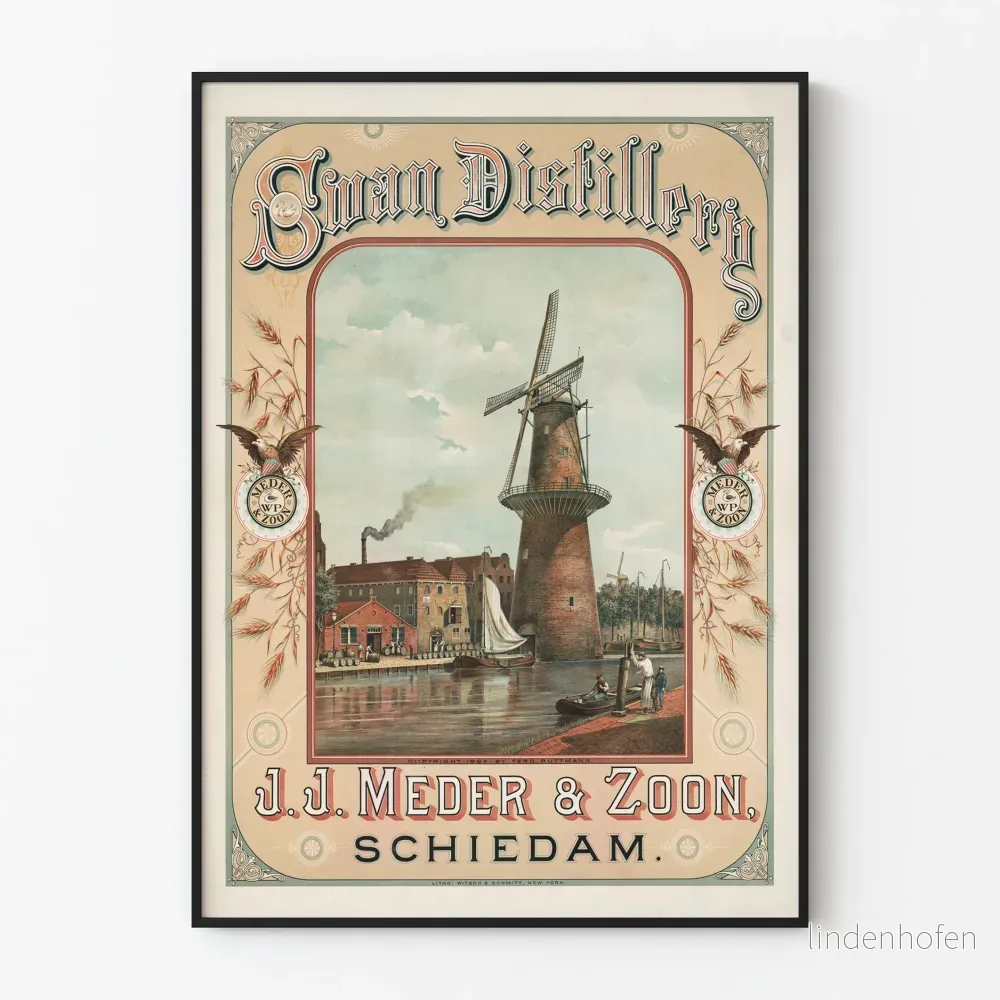 Vintageposter Swan Distillery J.J. Meder & Zoon Schiedam