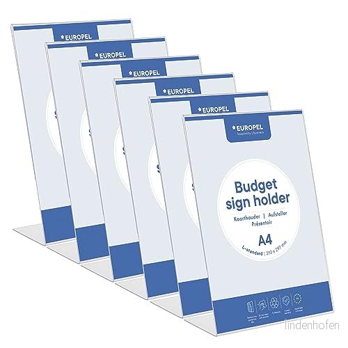 Europel Budget bordsstativ, paket med 6 st, L stativ, DIN A4 hög, kristallklar polystyren 1,5 mm, meny och broschyrstativ för restauranger, hotell, konferens reception 8713931310026