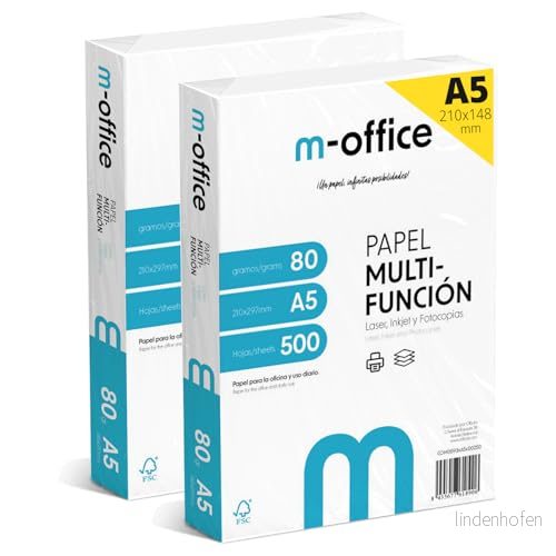 A5 pack 80 g folio, 2 med 500 ark, multifunktionspapper för bläckstråle och laserskrivare, ark 148 x 210 mm, perfekt kontoret hemmet, m office (1 000 ark) 8435677621487