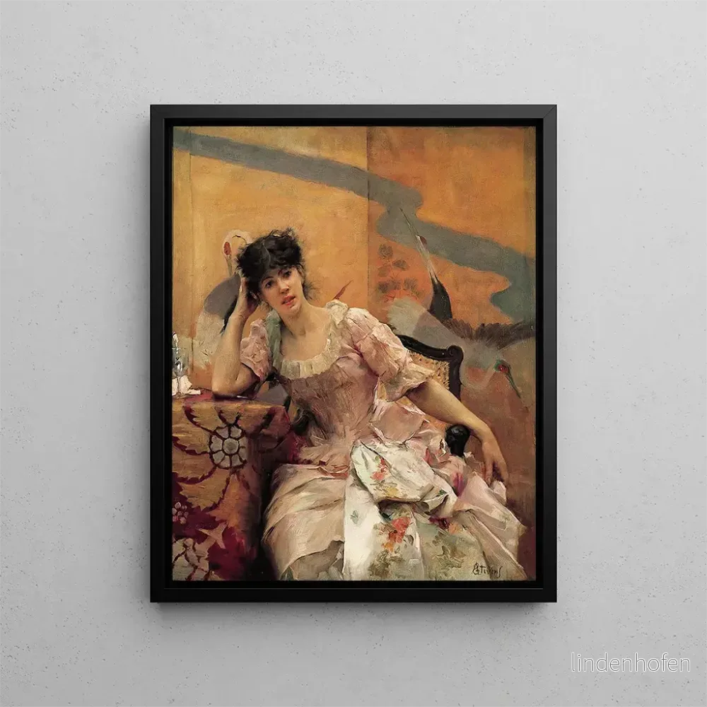 Målning ung kvinna med ett japanskt skärmat - Alfred Stevens | Konsttryck