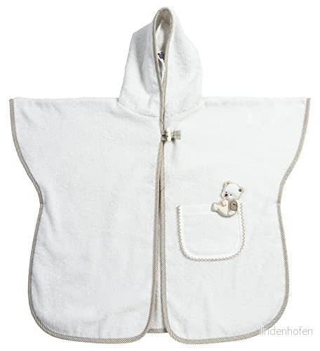 Filet Bath Poncho för spädbarn och barn upp till 2 år, badklänning med huva av bomullstusshandduk; broderad Aida tygficka, tillverkad i Italien; en storlek, vit taupe 8055727212733