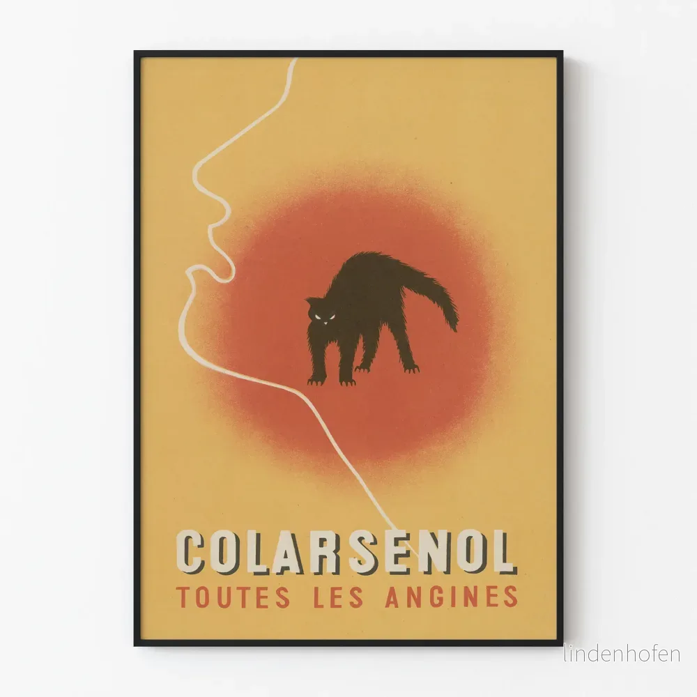 Vintageposter Colarsénol mot halsfluss med svart katt
