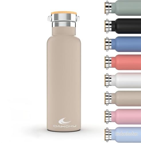 Daikoku Flaska, dubbelvägg termos i rostfritt stål, håller drycker varma eller kalla timmar, två lock, beige, 1 L 8432325105078