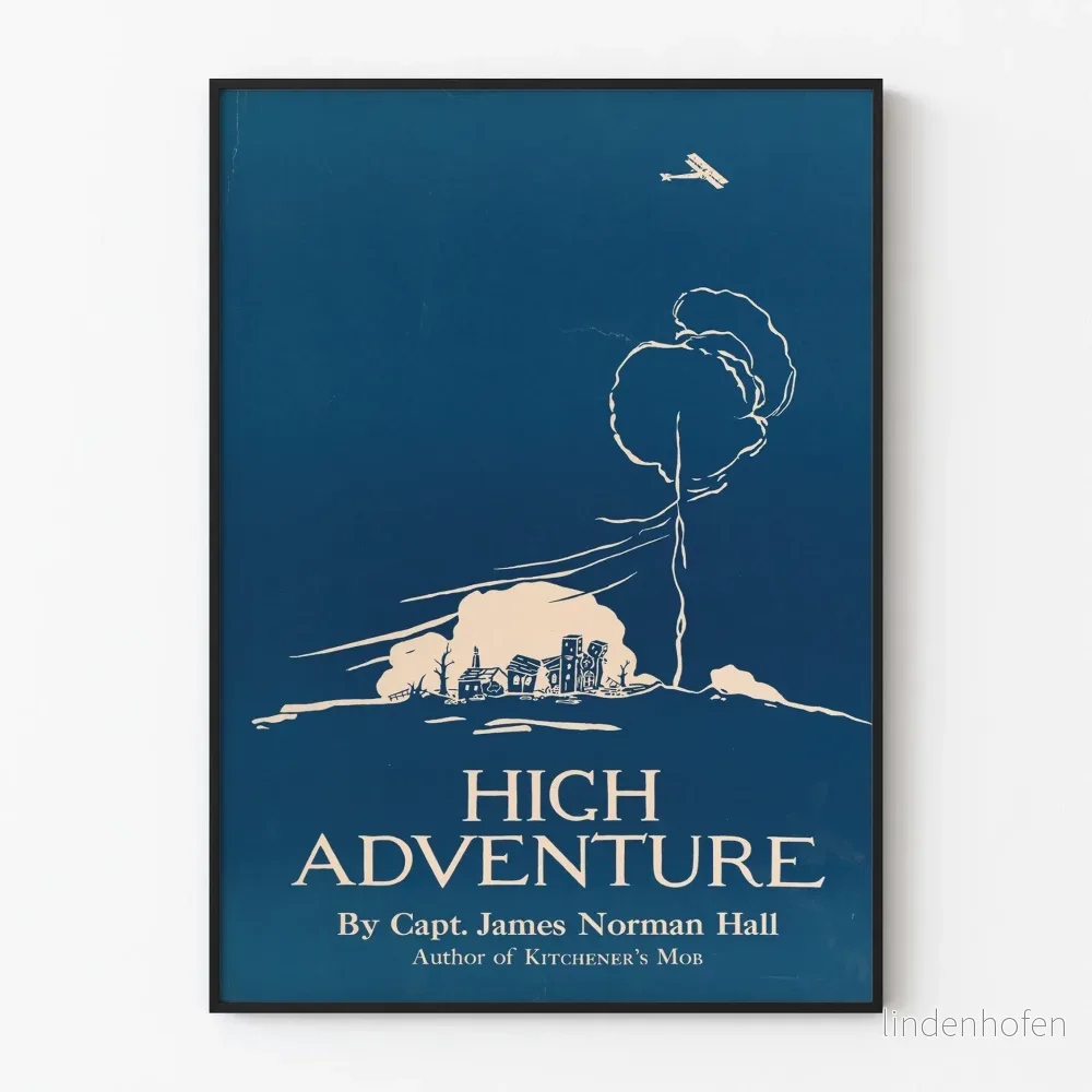 Vintage dekorativ poster High Adventure i blått och vitt