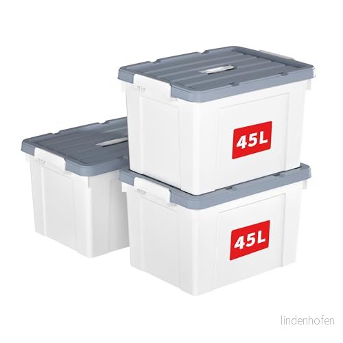 Cetomo 45 L x 3 förvaringslådor, plastförvaringslåda med lock, organiseringsbehållare handtag och säkra spärrspännen, stapelbar, kapabel, tygkorg för hemmakontor, pack, vit 6925801117112