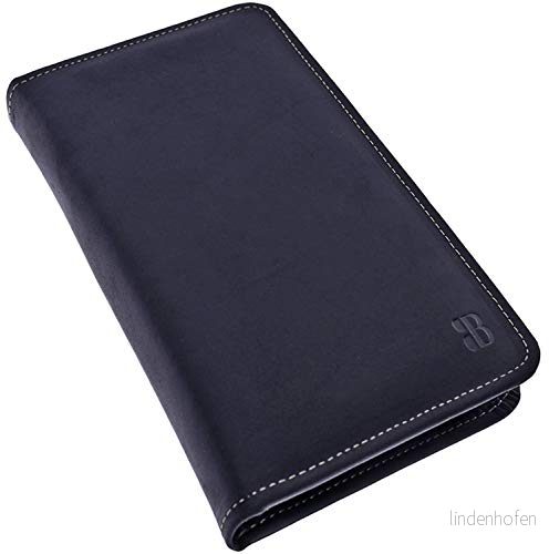 Burkley Läderorganiserare resa mapp dokumentväska med smartphone fack i vintage/retro design, svart, Large 4251351503030