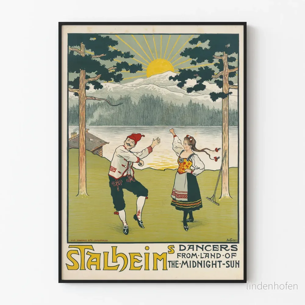 Vintageposter med traditionella dansare från Stalheim