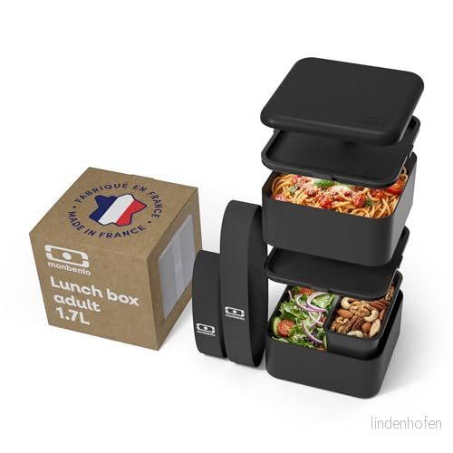 MONBENTO Bento box MB Square Onyx stor matlåda med fack 2 våningar lufttät idealisk för arbete/skola BPA fri hållbar och säker tillverkad i Frankrike Svart 3760192688024